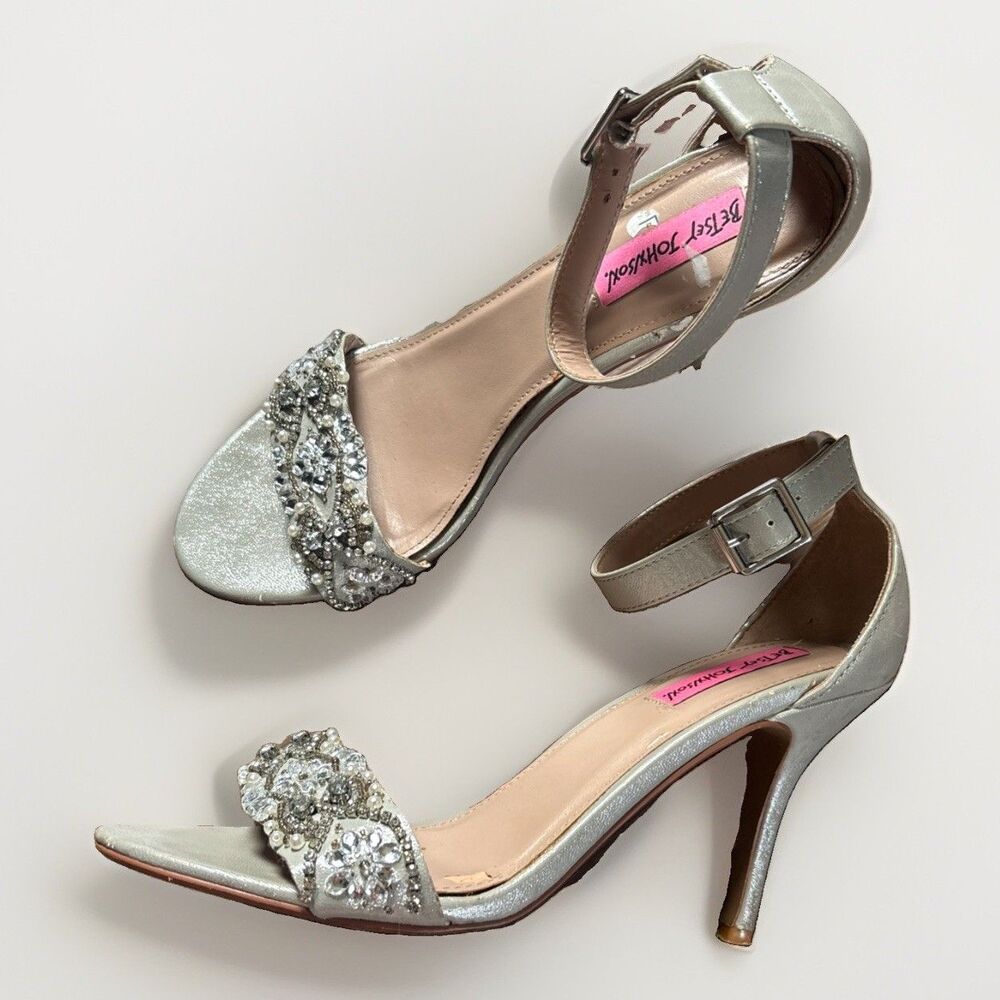 Betsey Johnson Silver Rhinestone Ankle Strap Open Toe Stiletto Heels Size 8.5